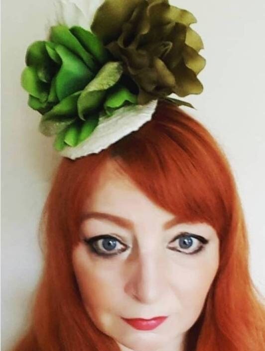 Apple green olive cream flower fascinator pillbox Hat hatinator headpieces roses races wedding womens