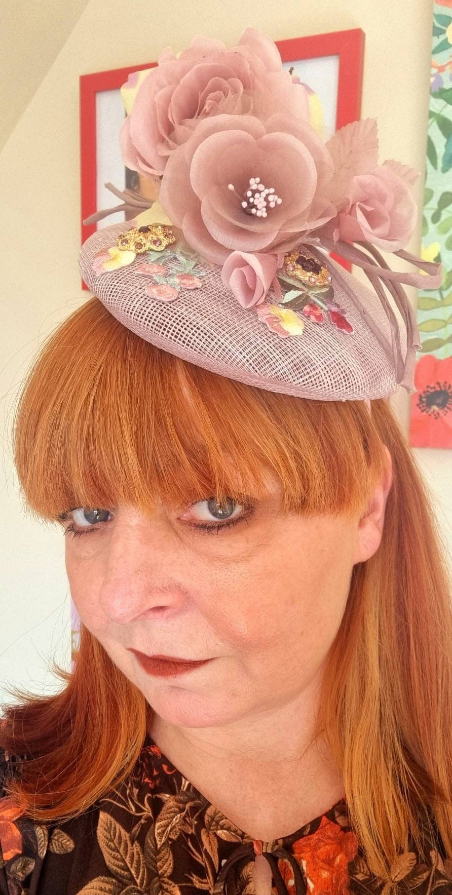 Dusky pink nude lemon Flower fascinator  pillbox hat button sinamay percher fascinator races Wedding hatinator womens headpiece