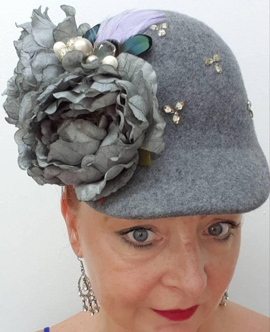 Grey lilac silver wool hat embellished peaked cloche hat feather races Wedding equestrian womens