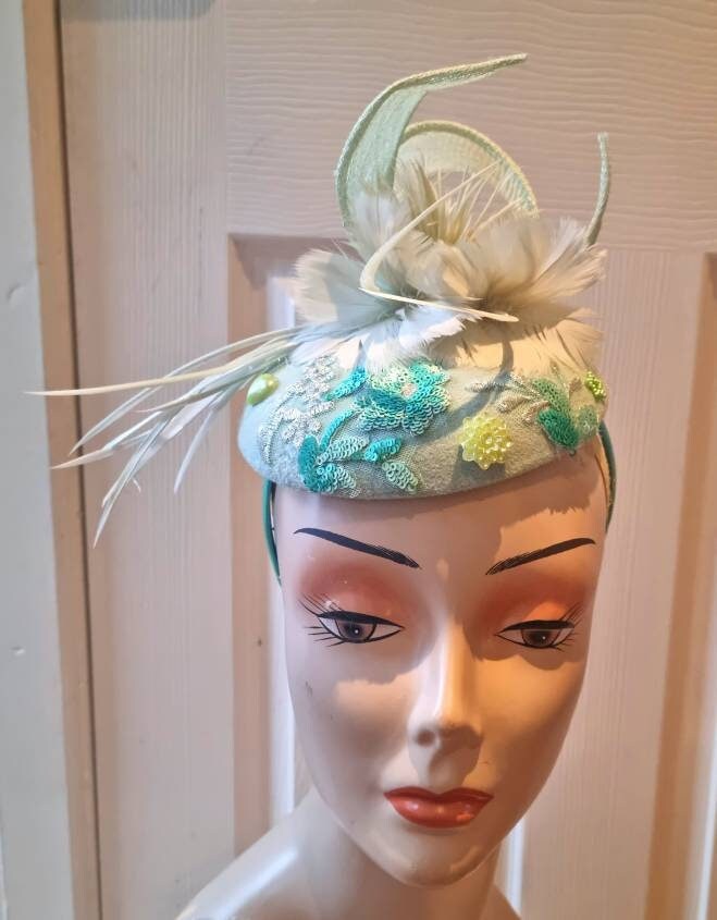 Mint ivory  jade green Button percher  pillbox hat hatinator beads embroidery feathers races wedding vintage style womens accessories