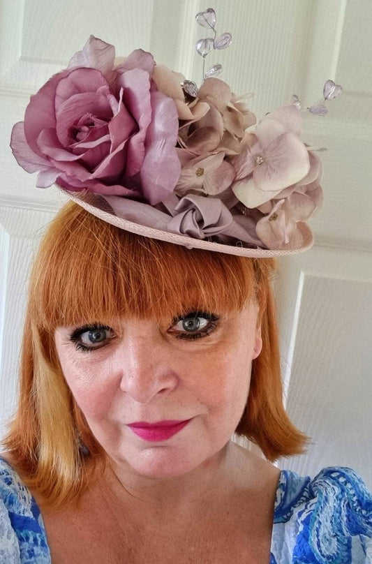 Pink lilac mauve flower hat gems band sinamay fascinator. races weddings Christening hatinator headpiece womens