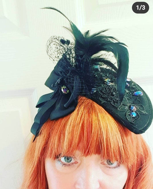 Black teal jewel bow hatinator  percher feather premium wool hat races Wedding fascinator headpiece band womens