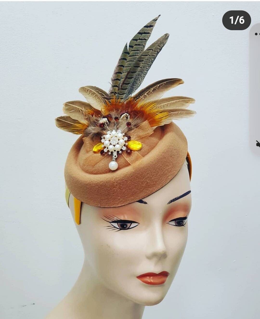 Gold  camel brown beige wool feather pill box hat Hatinator fascinator headpiece races Wedding  Equestrian headband womens.