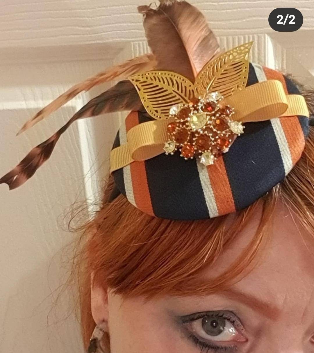 Navy ivory orange gold pillbox hat satin fascinator pheasant feathers headpiece hatinator races Wedding Equestrian headband womens