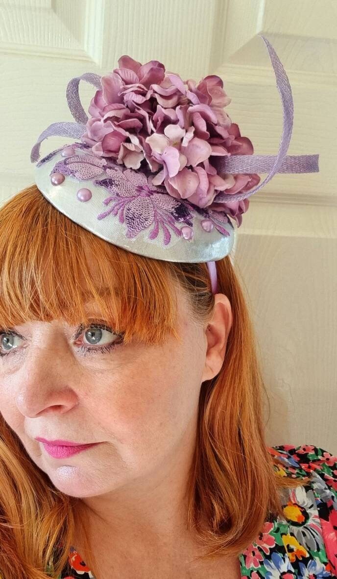 Silver mauve purple pink Flower fascinator  hydrangea pillbox satin hat hatinator fascinator headpiece  races Wedding Christening womens
