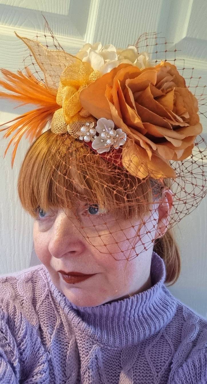 Orange rust ivory Flower fascinator headpiece flower crown boho veil Hat  races.Wedding headband womens