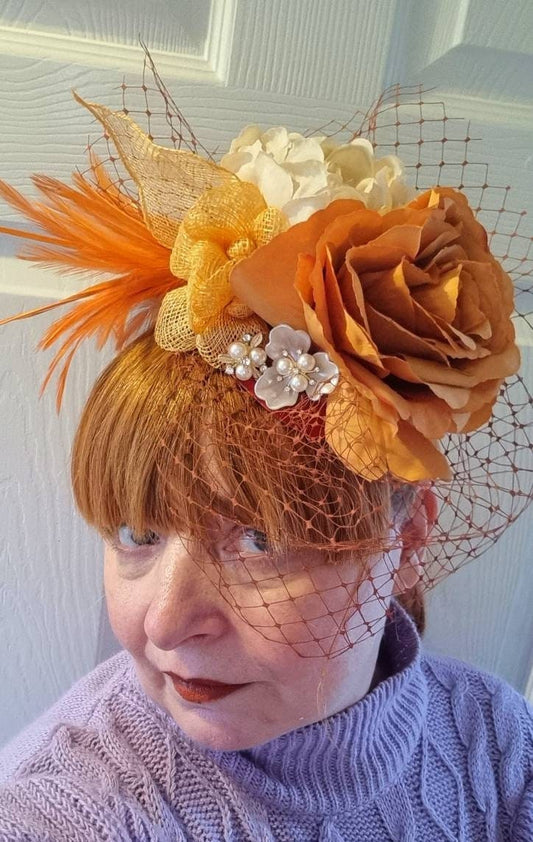Orange rust ivory Flower fascinator headpiece flower crown boho veil Hat  races.Wedding headband womens