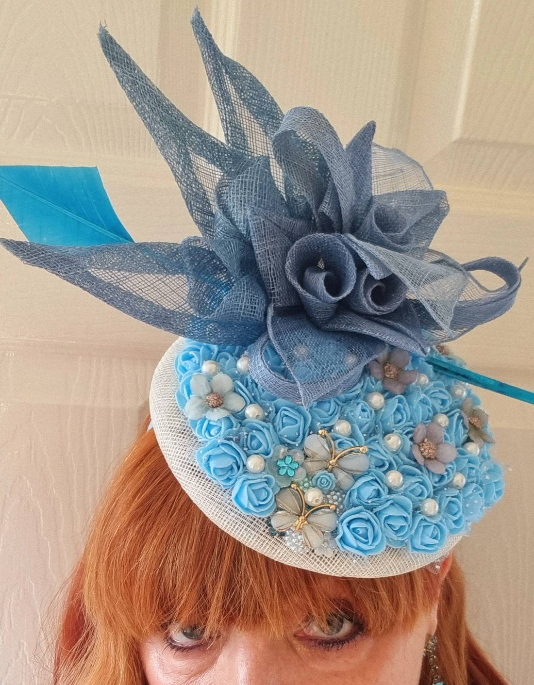 Blue ivory Flower fascinator button sinamay percher pillbox hat Wedding  Races christening mother of the bride headpiece hatinator womens