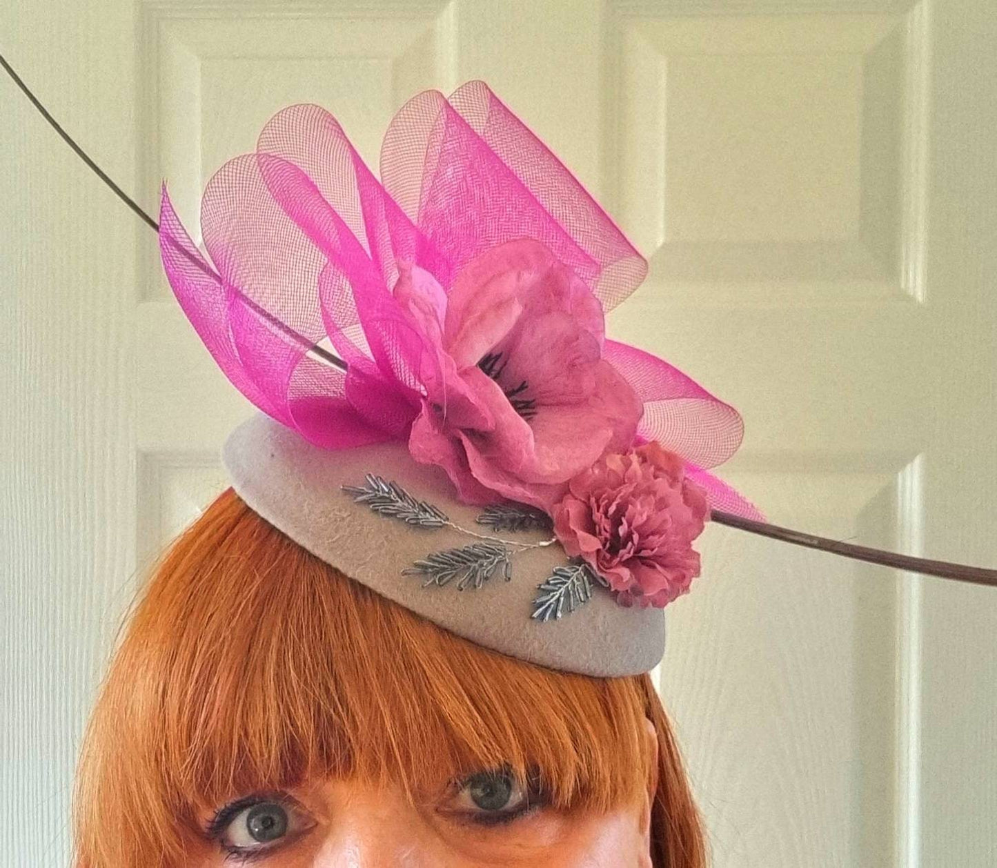 Grey pink magenta Flower pillbox hat fascinator wool percher hatinator headpiece headband races Wedding womens