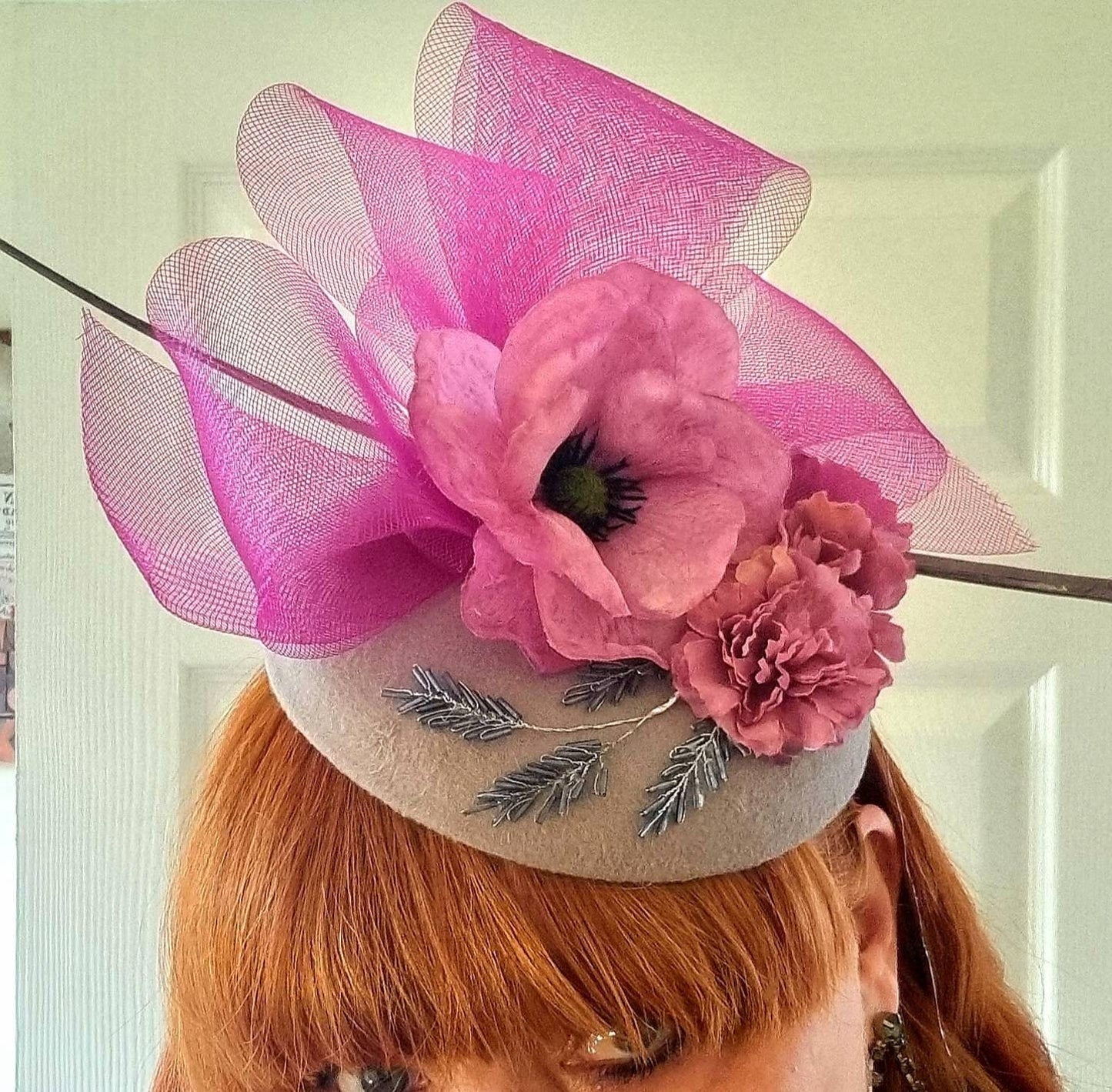 Grey pink magenta Flower pillbox hat fascinator wool percher hatinator headpiece headband races Wedding womens