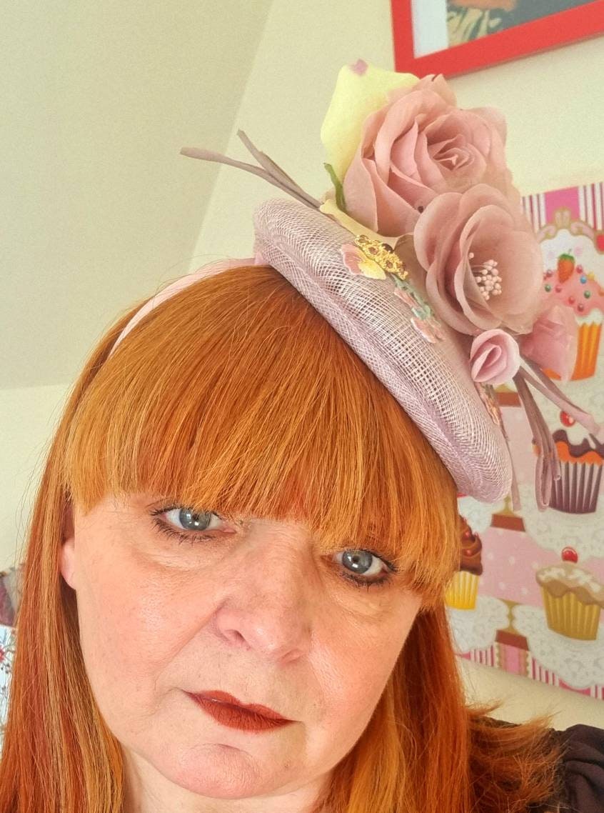 Dusky pink nude lemon Flower fascinator  pillbox hat button sinamay percher fascinator races Wedding hatinator womens headpiece