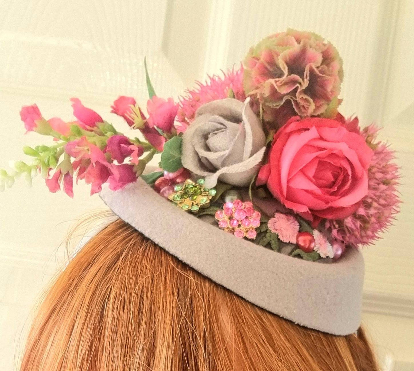 grey pink flower pillbox hat hatinator races Wedding fascinator Vintage style headpiece wool band womens