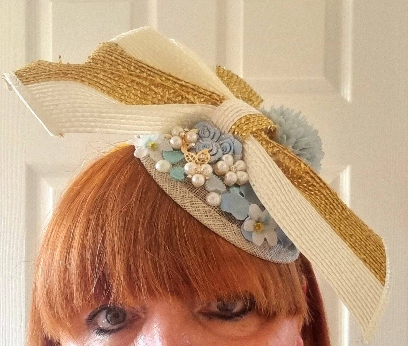 Ivory gold blue pillbox hat sinamay straw hatinator fascinator headpiece band bow Christening wedding races occasion vintage bride womens