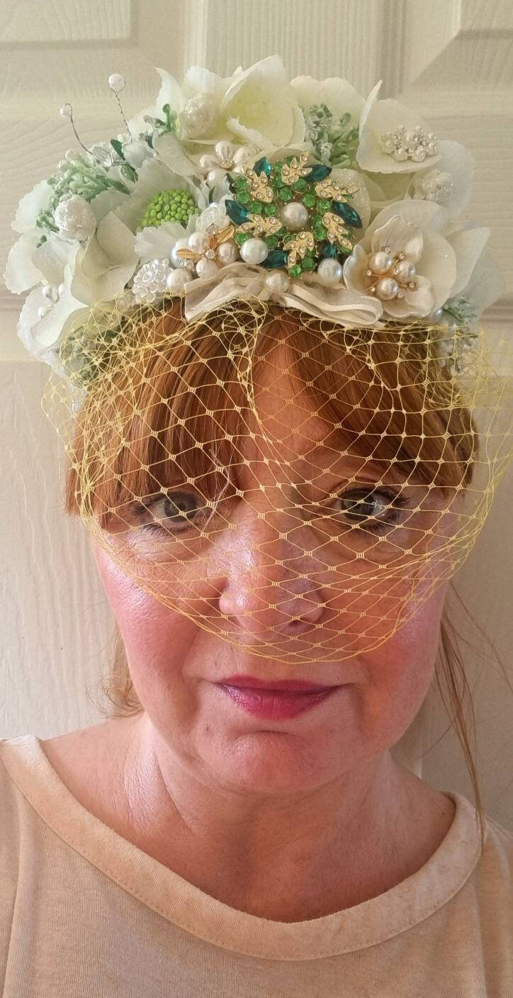 ivory  yellow flower fascinator luxury headpiece veil jewel Bridal headband maid of honor Vintage style wedding races womens