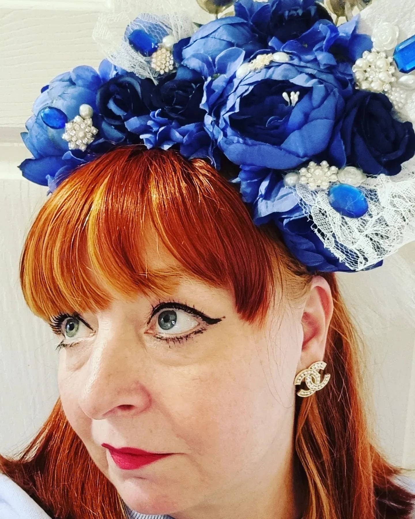 royal blue navy white fascinator boho flower crown headpiece pearls jewels lace Woodland wedding flower girl hen party prom races womens