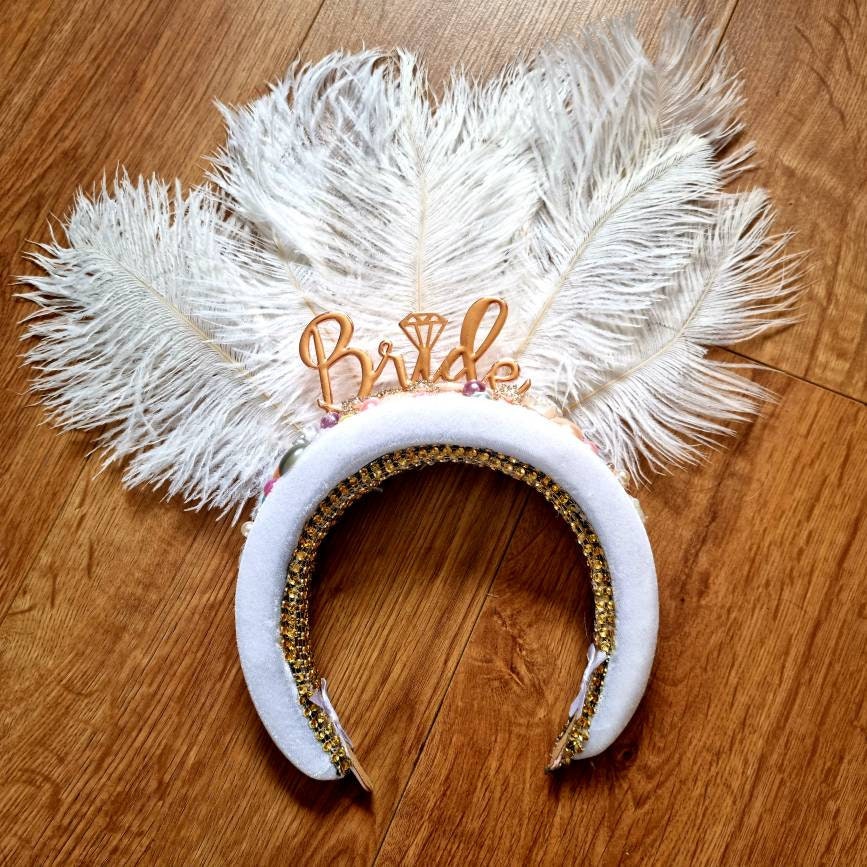 White ivory feather headband hen party padded band headpiece womens accessories