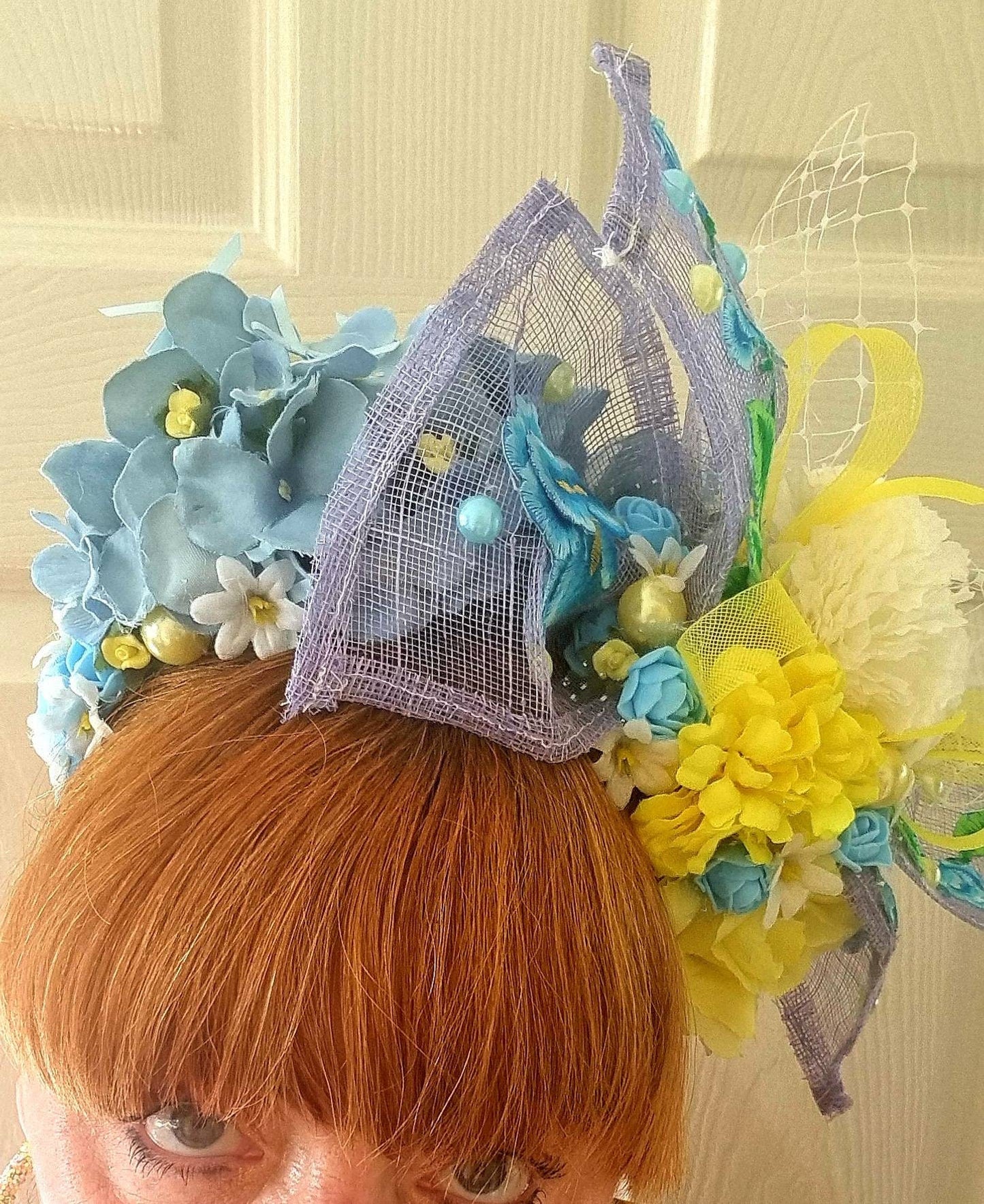 Yellow white blue Flower fascinator sinamay bow Flower crown boho wedding, hen party prom races womens