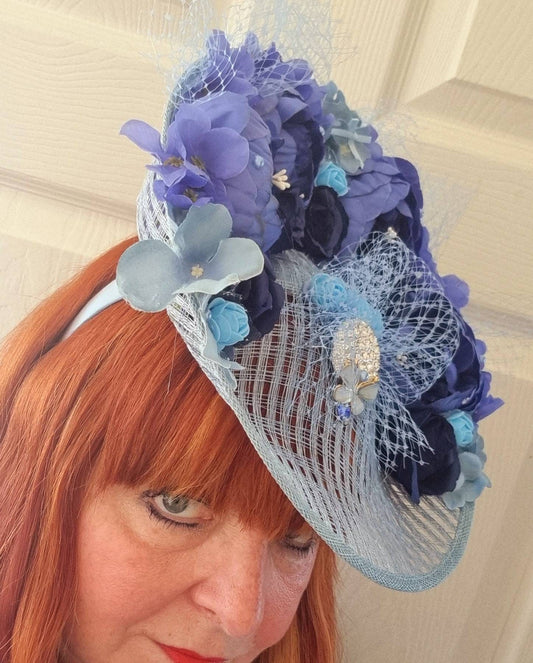 powder blue royal aqua flower hatinator percher hat headpiece fascinator pearls net Races wedding christening mother of the bride womens