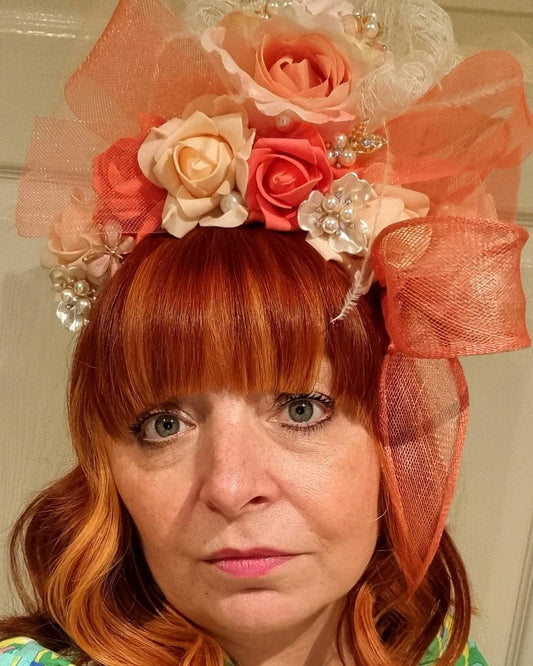 Orange ivory peach watermelon Flower crown Woodland wedding flower girl hen party races hat boho prom headpiece fascinator headband womens