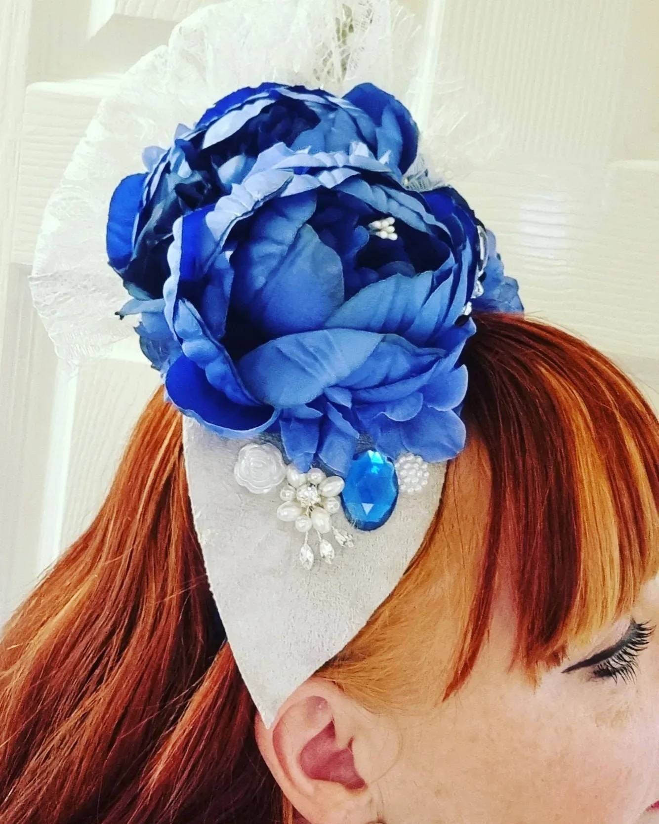 royal blue navy white fascinator boho flower crown headpiece pearls jewels lace Woodland wedding flower girl hen party prom races womens