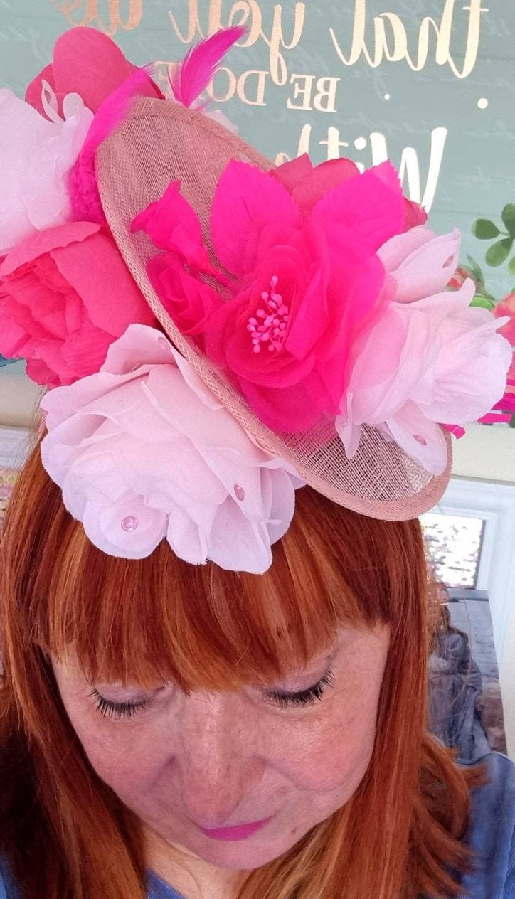 blush, pastel pink  fushia pink sinamay flower hatinator Princess Catherine hat races wedding fascinator.womens