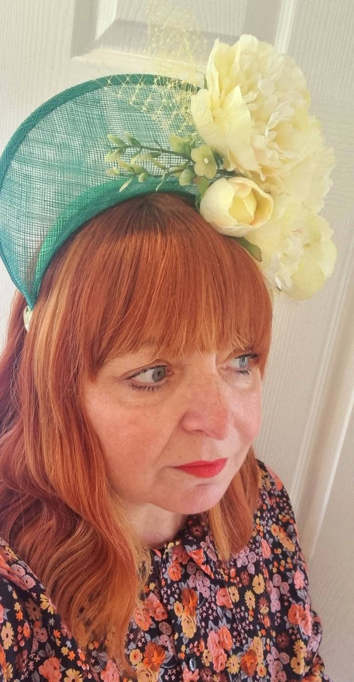 lemon yellow jade green flower hat Vintage style duchy sinamay hatinator headband races Wedding ascott womens