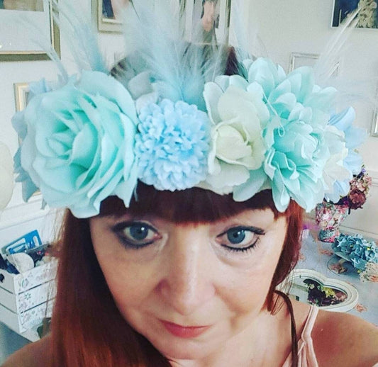 Blue aqua cream flower crown feather headpiece boho fascinator Woodland wedding, flower girl hen party prom womens