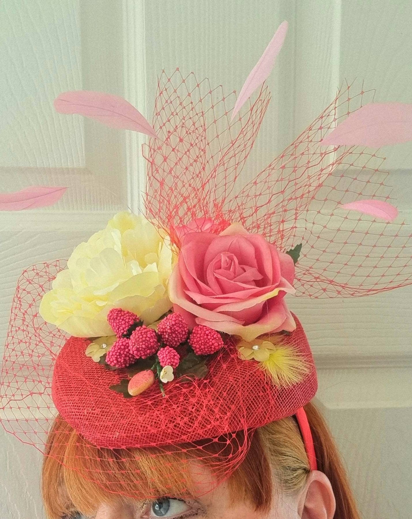 strawberry red pink yellow flower Pillbox hat Sinamay percher hatinator fascinator headpiece  net berriesvintage look wedding races womens