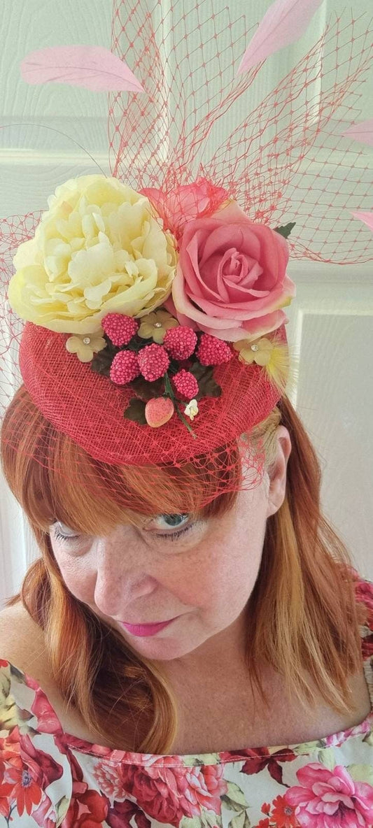 strawberry red pink yellow flower Pillbox hat Sinamay percher hatinator fascinator headpiece  net berriesvintage look wedding races womens