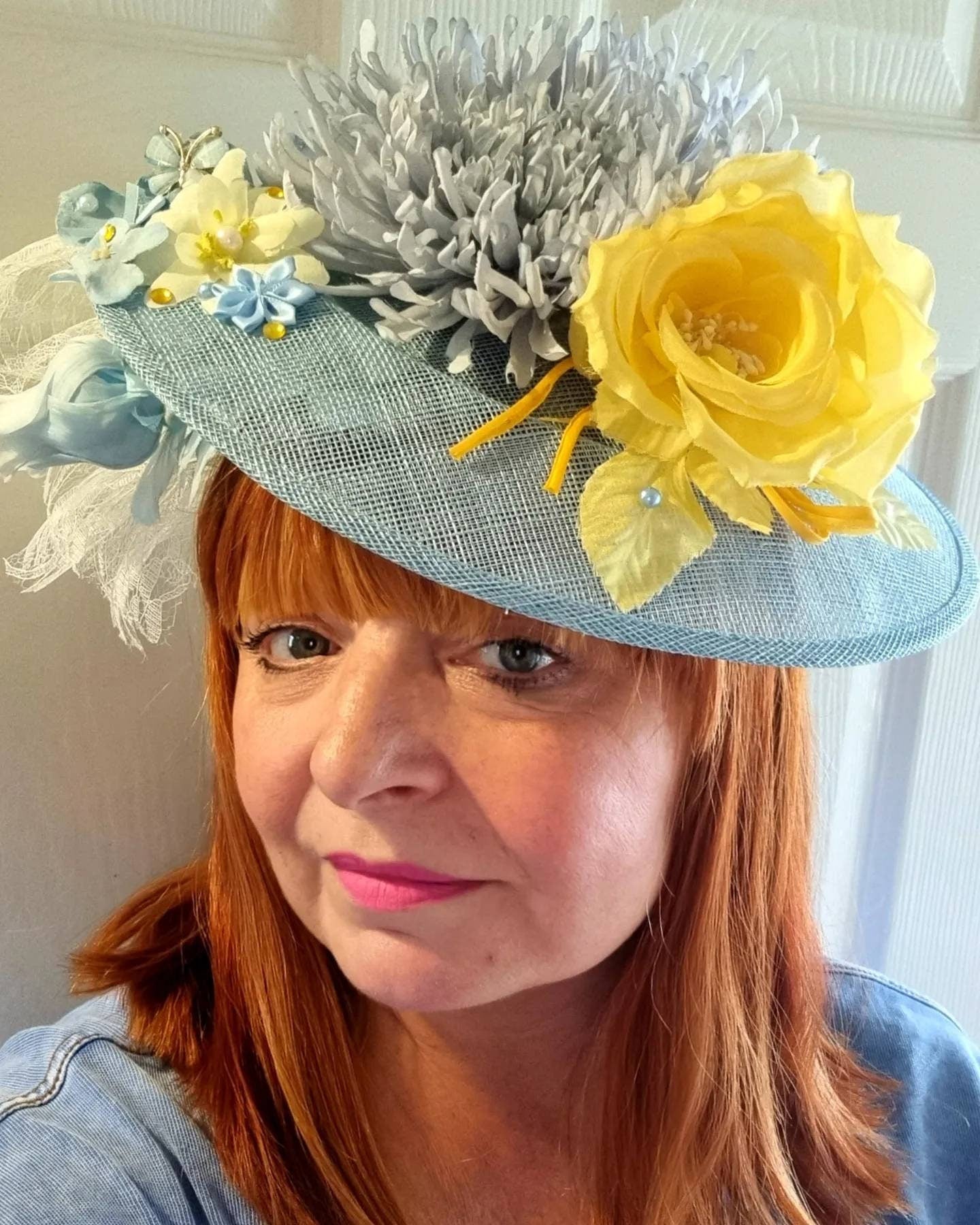 blue yellow ivory Flower hatinator sinamay hat fascinator net pearls Mother of the bride Christening races wedding womens