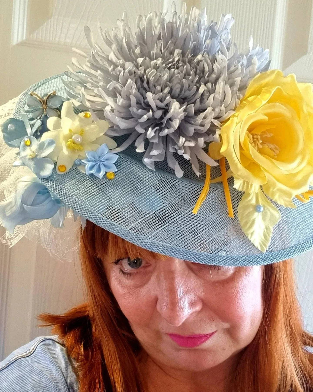 blue yellow ivory Flower hatinator sinamay hat fascinator net pearls Mother of the bride Christening races wedding womens