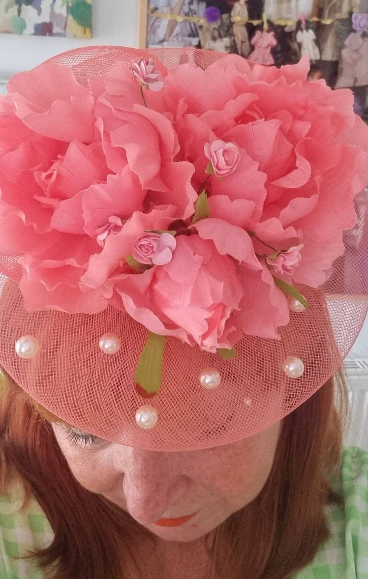 Watermelon pink orange flower fascinator.races weddings ascott hatinator headpiece special occasion womens