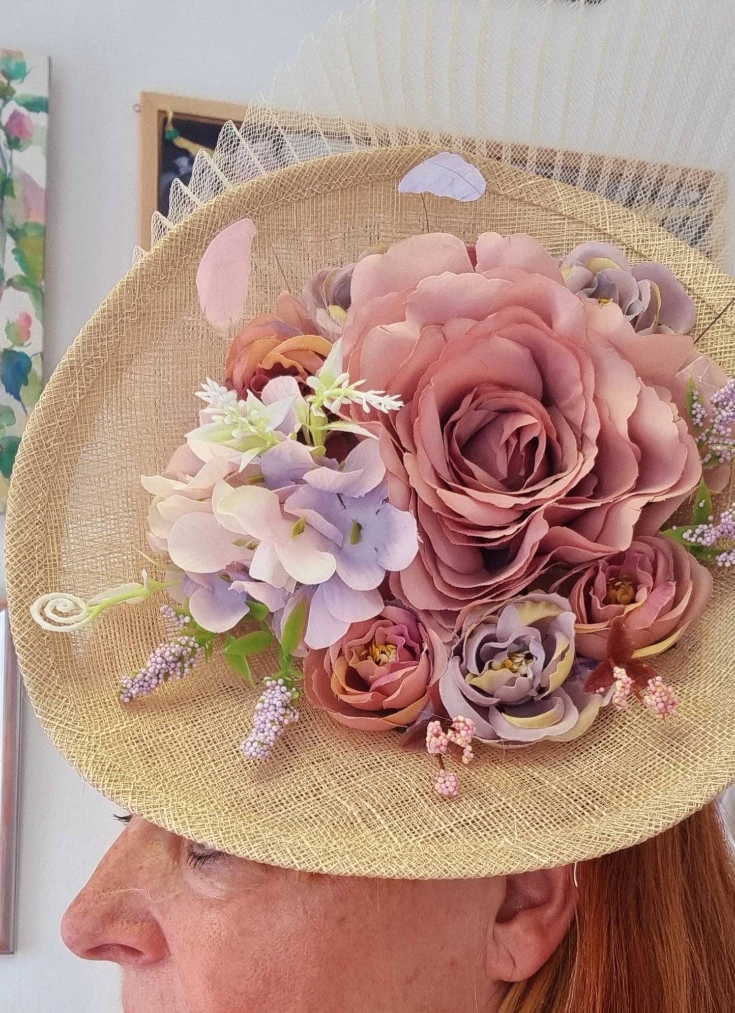 Lilac cream pink flower sinamay percher hatinator fascinator Hat races wedding ascott occasions headpiece womens