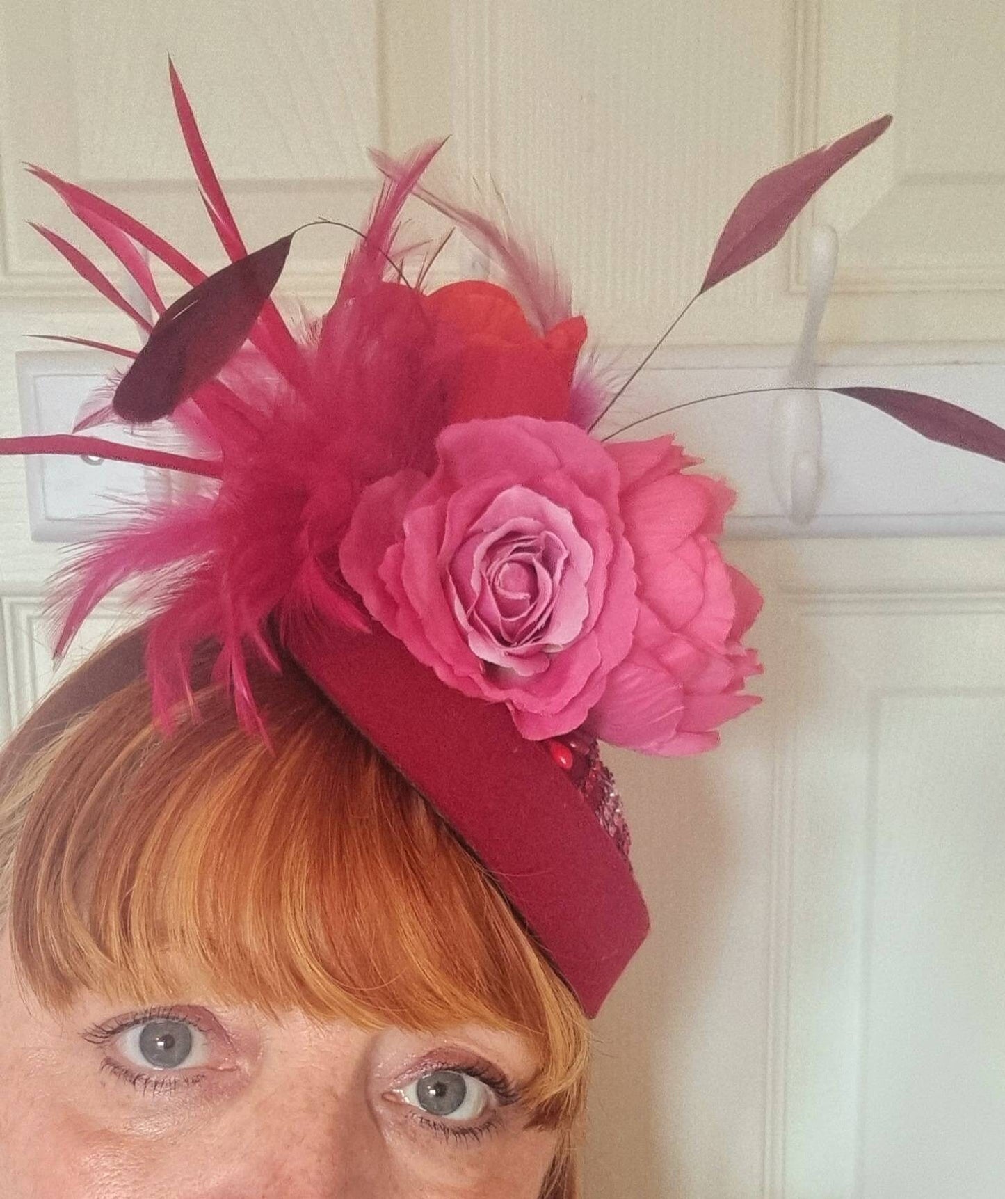Red hot pink flower pillbox hat Flower fascinator wool percher hatinator vintage look headpiece Races wedding womens
