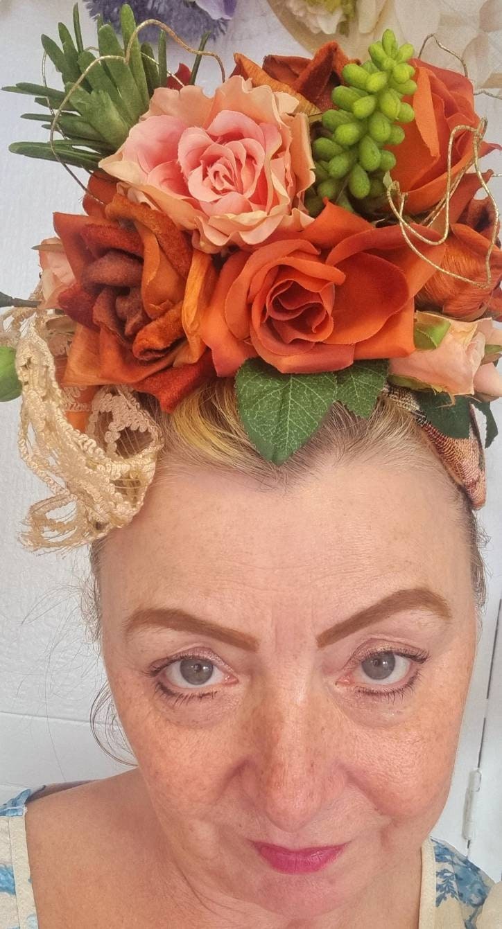 orange green peach rust Flower fascinator Boho halo headpiece lace bow races Wedding flower crown bride woodland wedding womens headpiece