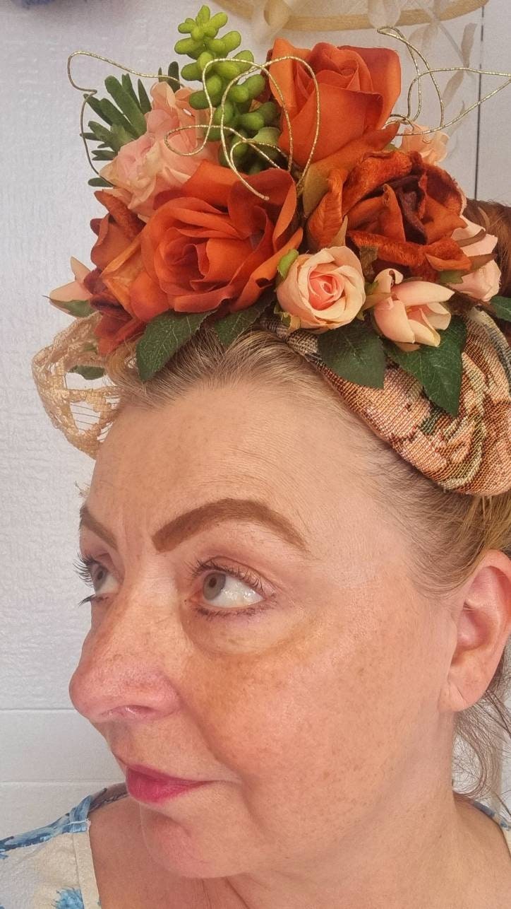 orange green peach rust Flower fascinator Boho halo headpiece lace bow races Wedding flower crown bride woodland wedding womens headpiece