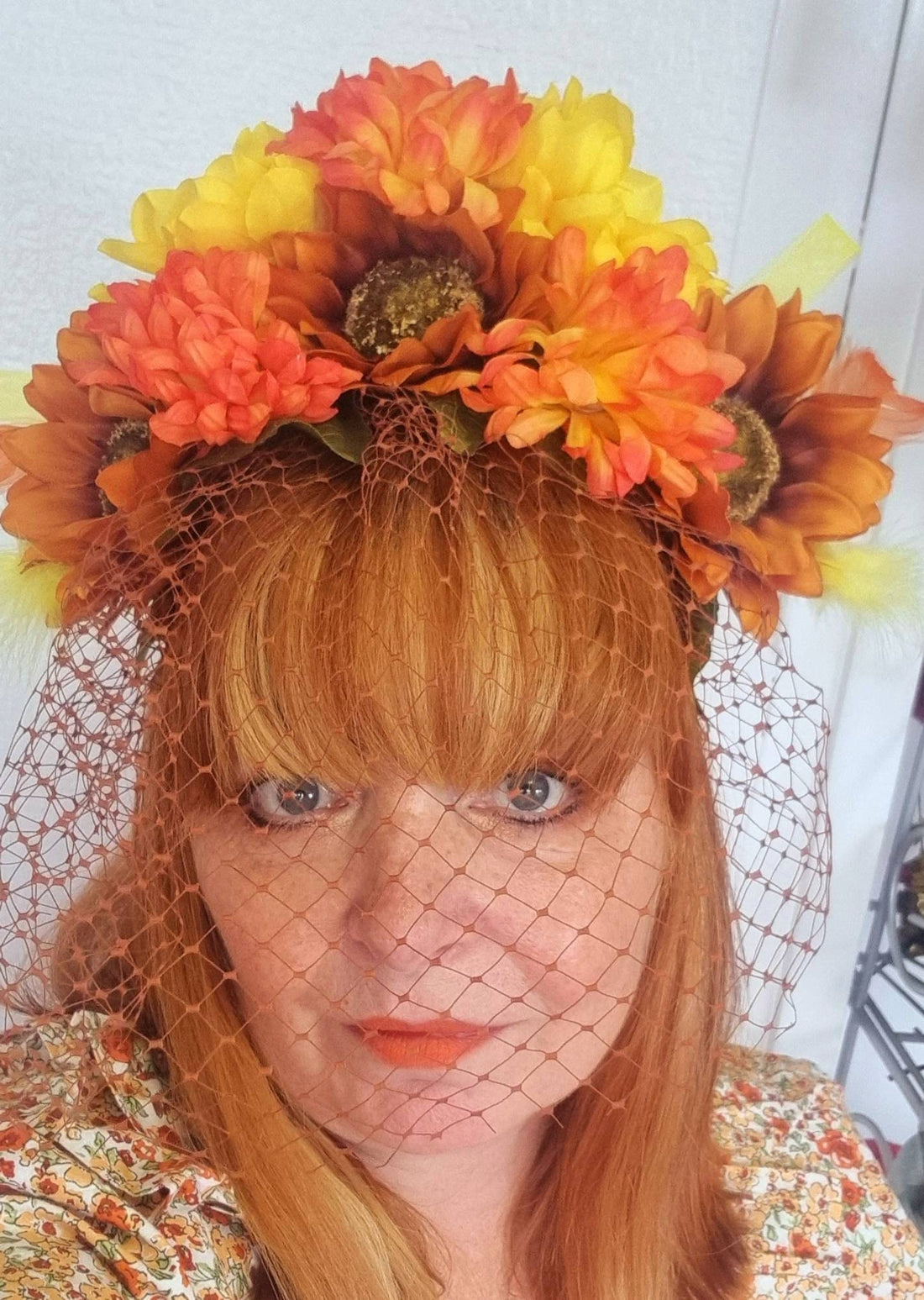 orange yellow rust Flower crown Boho headpiece fascinator Sunflower veil headband Hat races. Wedding Hen party Woodland wedding womens