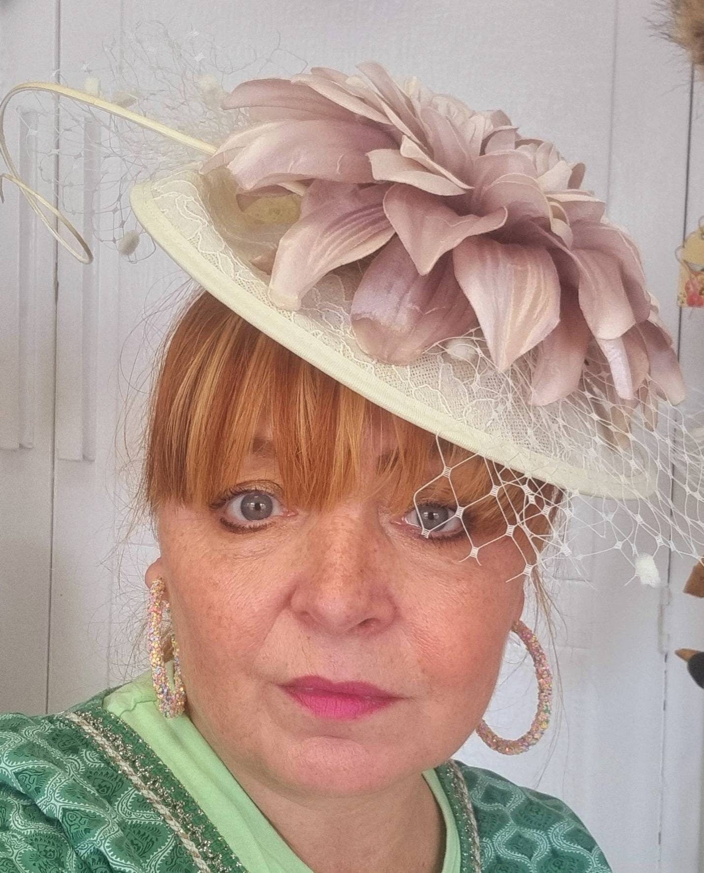 Cream nude pink brown Large flower hatinator fascinator hat headpiece ascott Wedding races womens sinamay lace