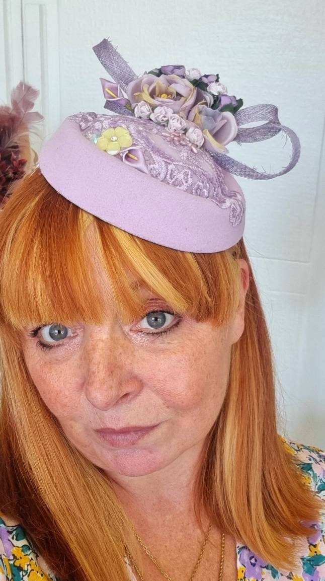 Lilac purple flower hatinator pillbox hat headpiece fascinator Races Wedding headband womens