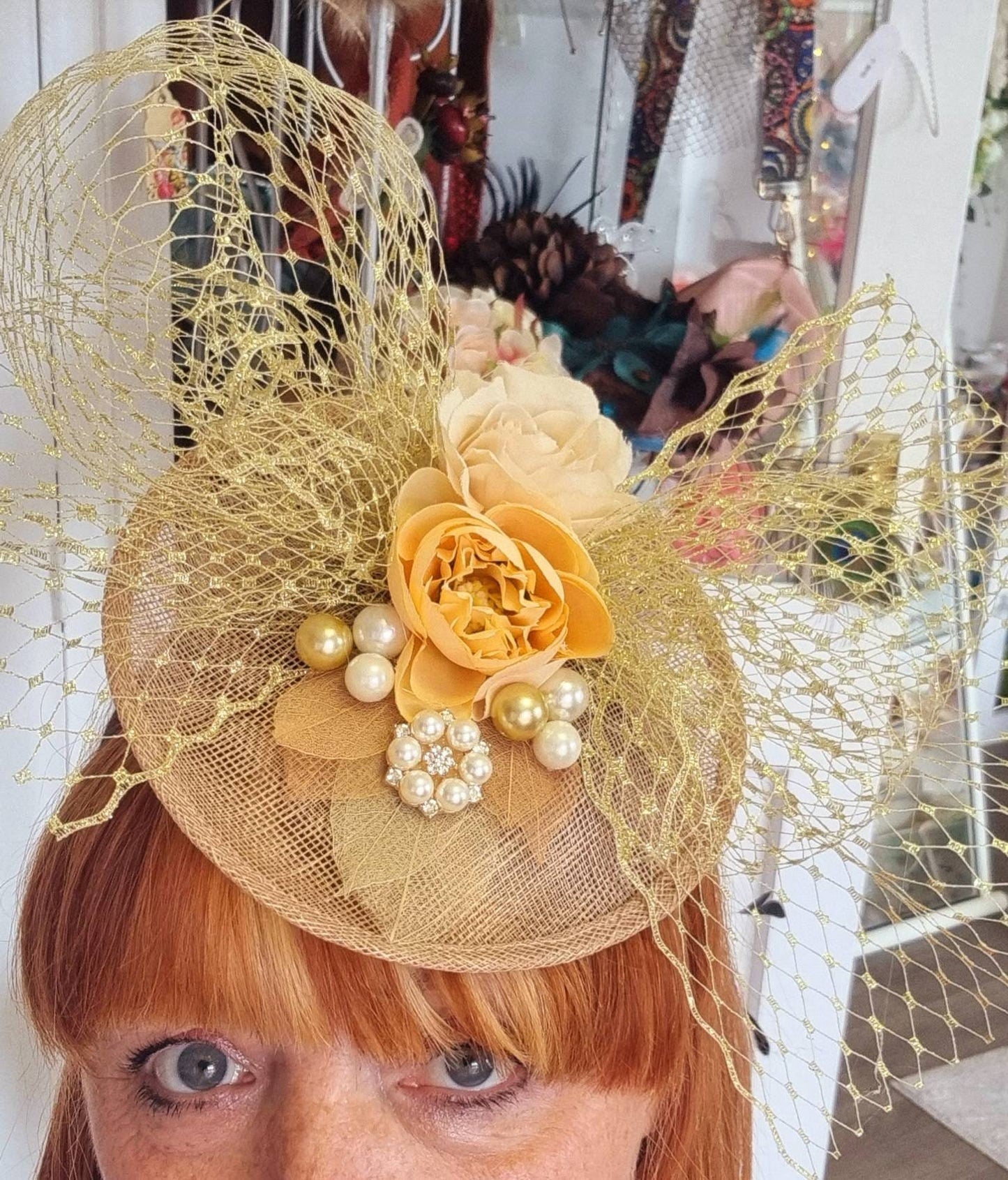 Neutral ivory gold yellow orange flower hatinator fascinator headpiece sinamay veil band Wedding Races womens