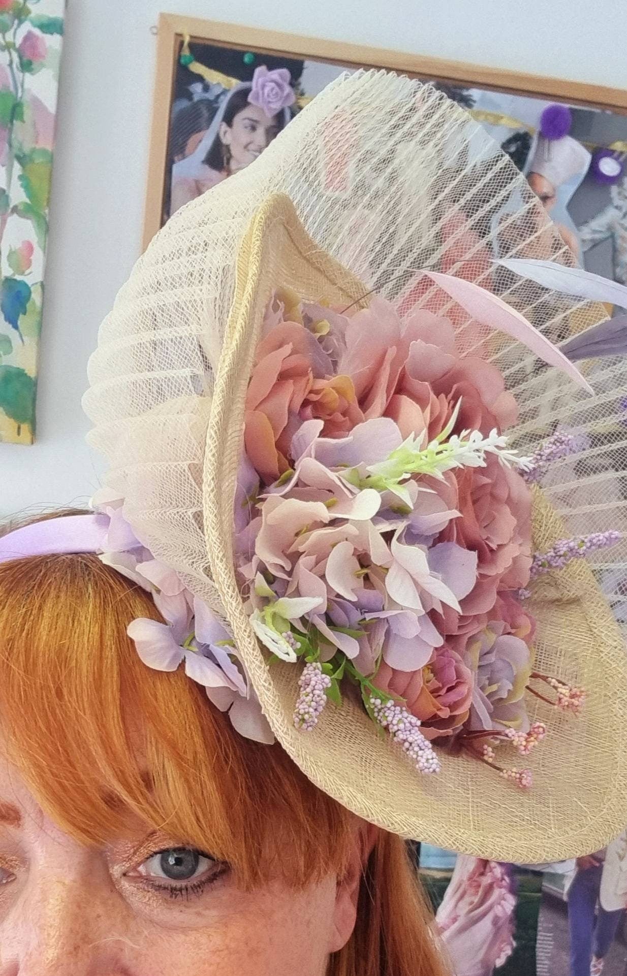 Large Cream Lilac Nude Pink Blush Lavender Purple Rose Flower Fascinator Hat Big Teardrop Tilted Wedding on sale Races Floral jkl56