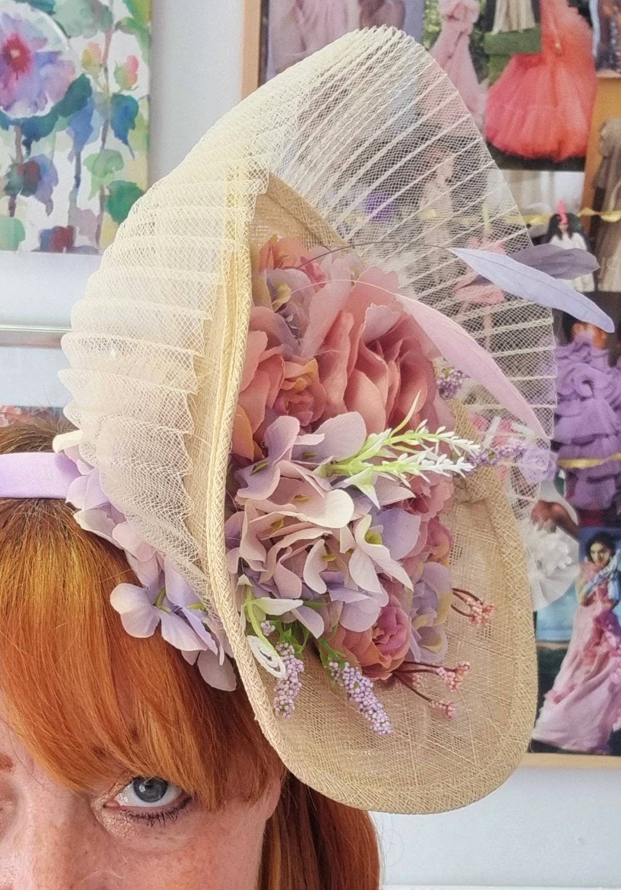 Lilac cream pink flower sinamay percher hatinator fascinator Hat races wedding ascott occasions headpiece womens