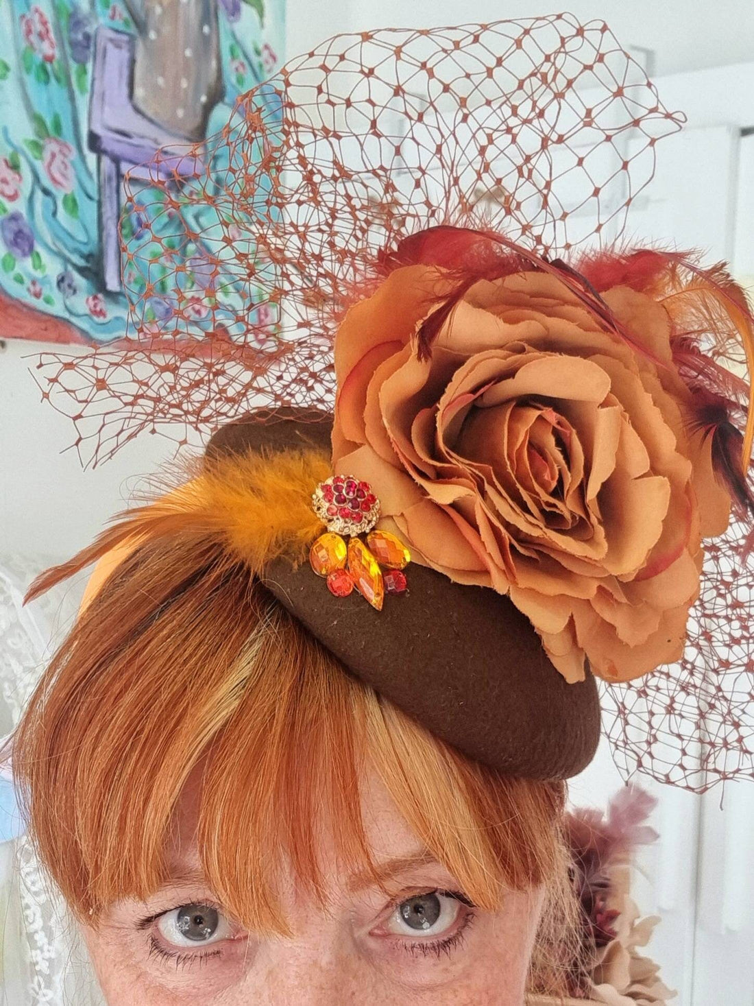Brown  orange flower pillbox hat wool button percher hatinator. Fascinator headpiece, weddings races occasions hats womens