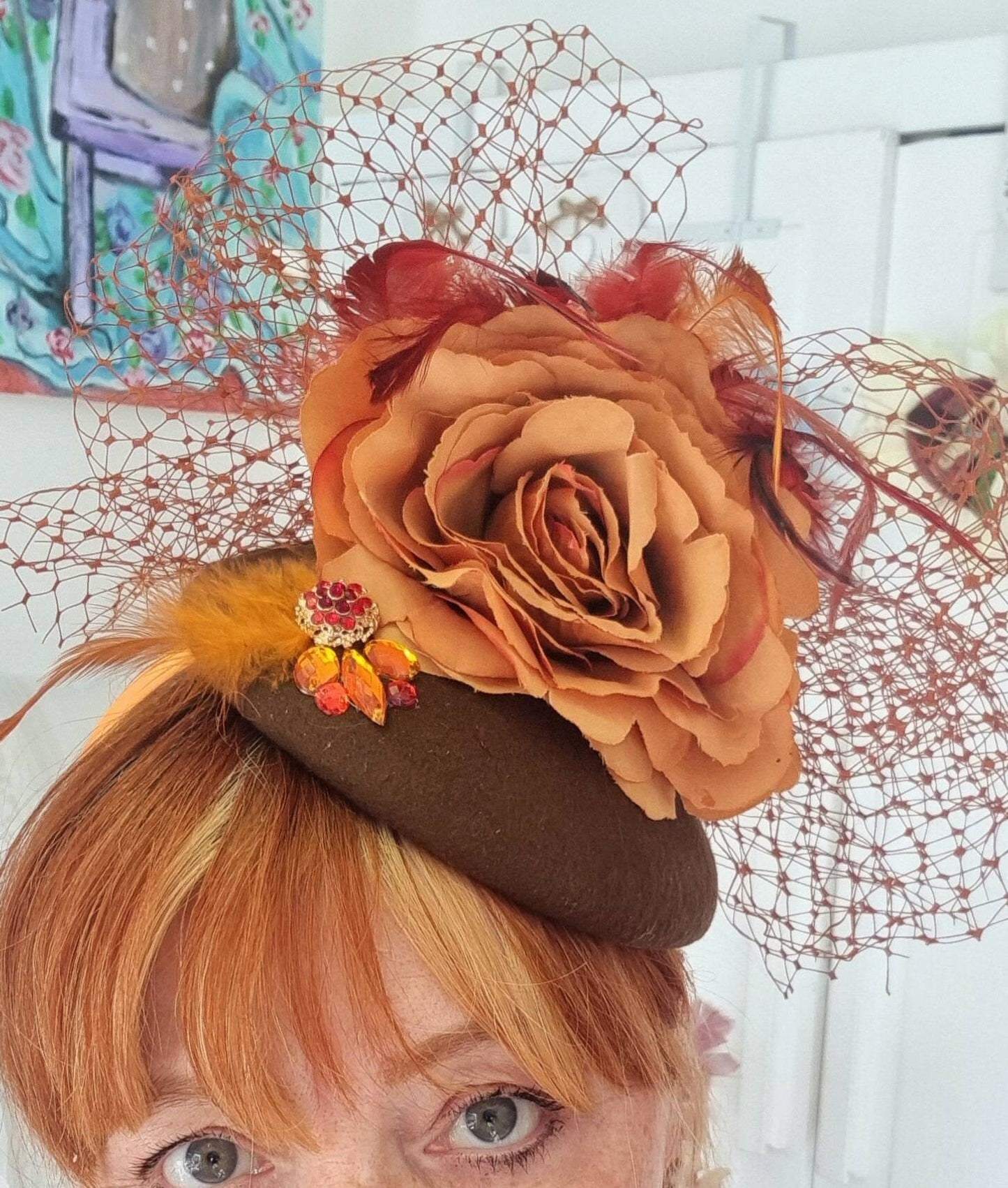 Brown  orange flower pillbox hat wool button percher hatinator. Fascinator headpiece, weddings races occasions hats womens