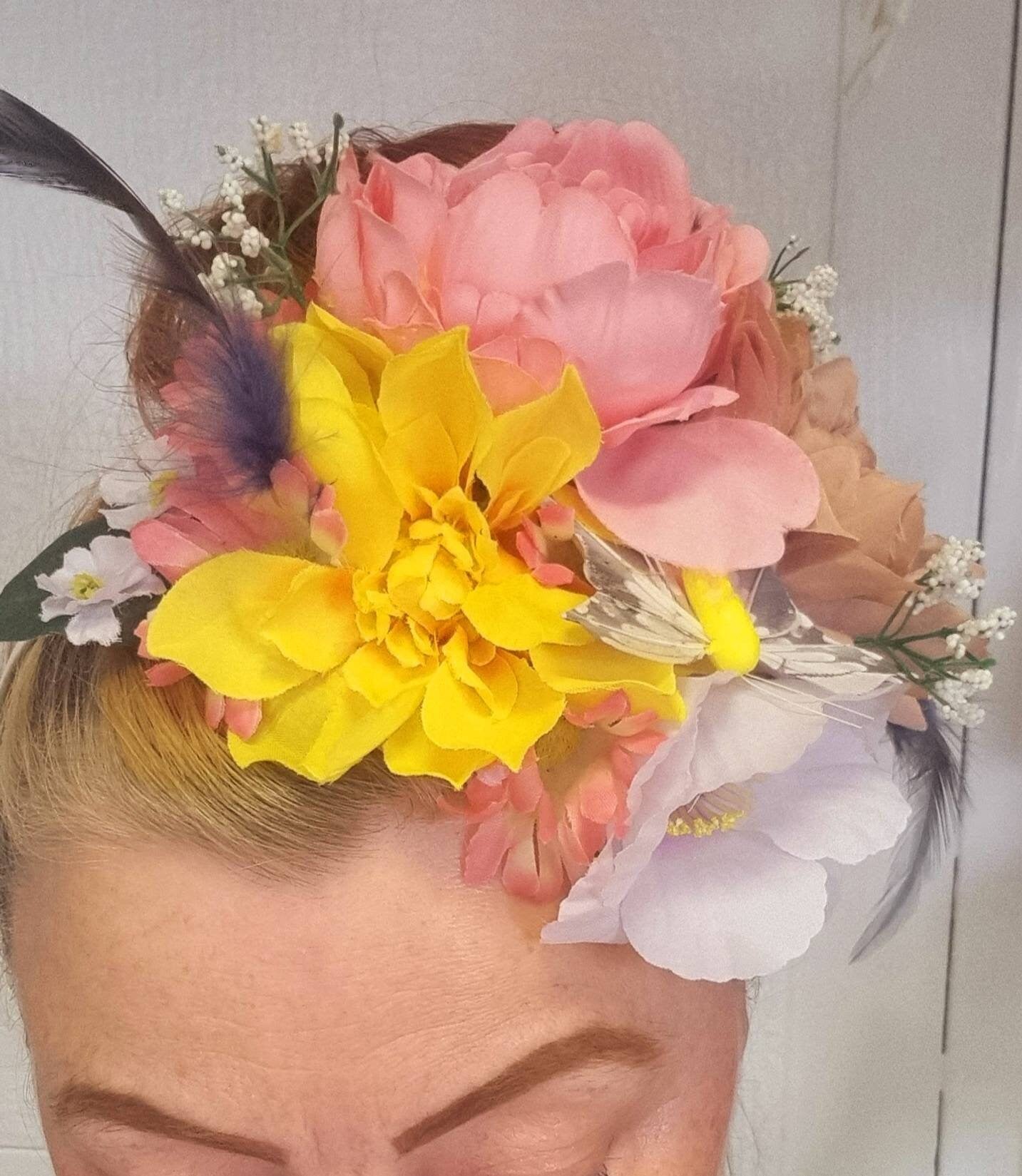 yellow lilac pink purple Flower fascinator feathers butterfly headpiece hatinator races weddings womens