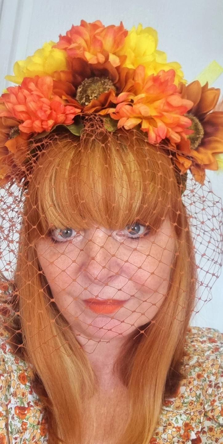 orange yellow rust Flower crown Boho headpiece fascinator Sunflower veil headband Hat races. Wedding Hen party Woodland wedding womens