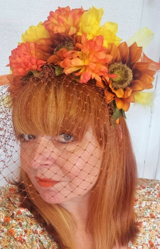 orange yellow rust Flower crown Boho headpiece fascinator Sunflower veil headband Hat races. Wedding Hen party Woodland wedding womens