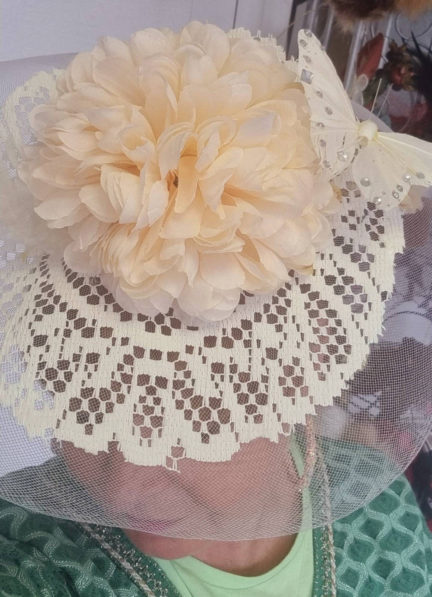Ivory yellow cream flower fascinator headpiece hatinator lace band butterfly races.Wedding ascott womens