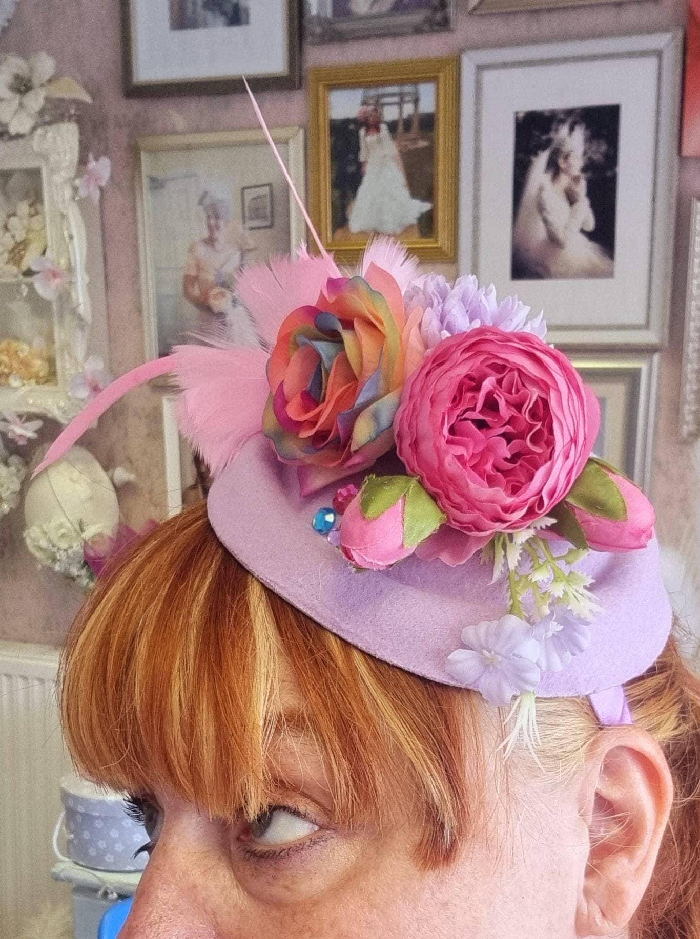 Purple rainbow lilac pink yellow flower pill box hat hatinator wool feathers Races fascinator Wedding womens