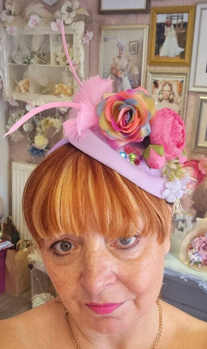 Purple rainbow lilac pink yellow flower pill box hat hatinator wool feathers Races fascinator Wedding womens